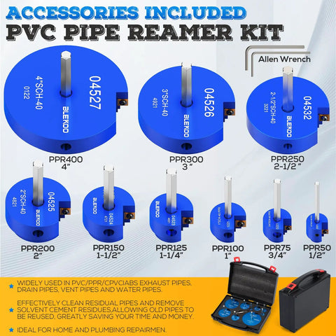 Nine Piece Set PVC Pipe Reamer Kit For Deburring And Edging One Half To Four Inch Pipes With Dual Blade Technology display