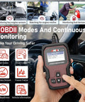 Person holding JP700 OBD2 Japanese Car Scanner with JOBD Protocol Code Reader, car diagnostic tool interface visible on screen.