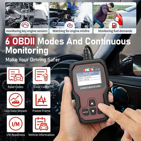 Person holding JP700 OBD2 Japanese Car Scanner with JOBD Protocol Code Reader, car diagnostic tool interface visible on screen.