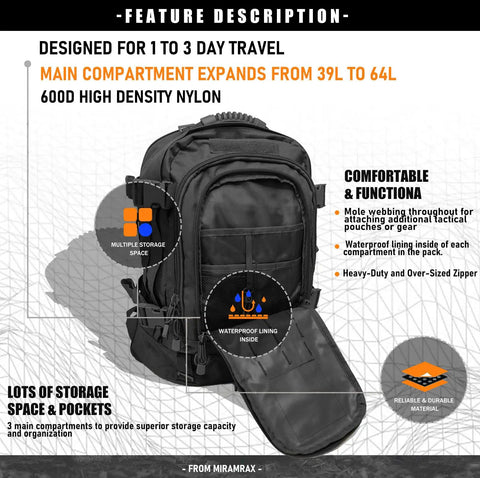 Heavy Duty Tactical Backpack For Men Waterproof Military Style Daypack With MOLLE System For Hiking Camping Travel Bug Out Bag 3 Day Pack Black Durable Gear Carrier