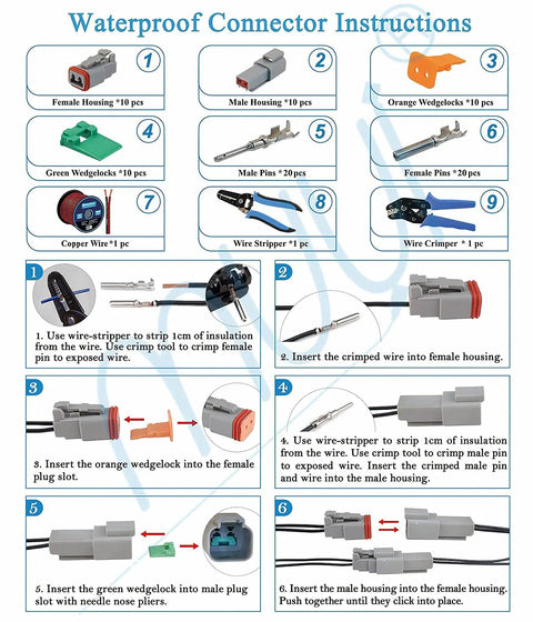 2 Pin Dt Series Waterproof Connector Kit Pack Includes Dt04-2P And Dt06-2S Receptacles 13 Amps Continuous 14-18 Awg Wire IP67 instructions
