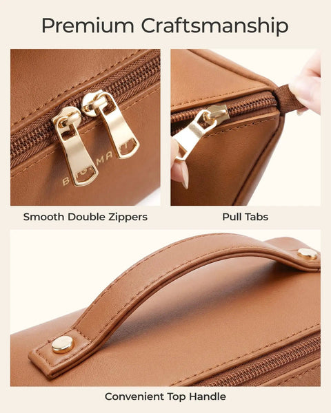 Close-up of Go To Large Makeup Bag Travel Cosmetic Organizer in PU Leather showing zippers and handle, Classic Brown Finish.