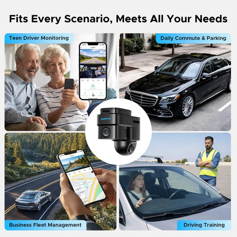 Collage showing 4G LTE Wireless Dash Cam With Front And Interior Cameras used for fleet, teen safety, parking, and commuting.