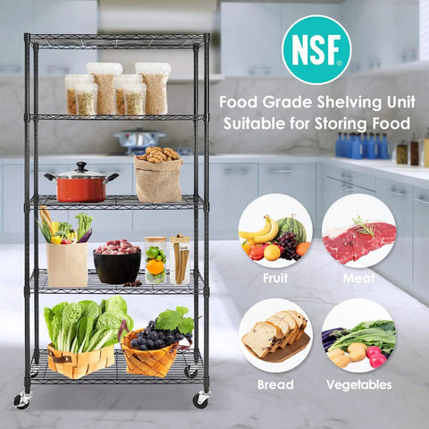 Total Workhorse Five Tier Black Wire Shelving Rack With Smooth Rollers Fully Adjustable NSF Certified Metal Storage Unit For Kitchen Pantry Garage Go Anywhere Rolling Caster Shelves Haul Three Hundred Thirty Pounds
