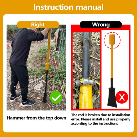 Heavy Duty Root Cutting Tool With Hammer Impact Design usage instruction manual showing correct and incorrect installation methods