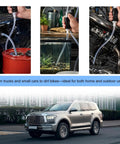 No Drama Manual Liquid Siphon Pump With Long Hose And Tough Clamps Portable Hand Squeeze Gasoline And Oil Transfer Tool in use.