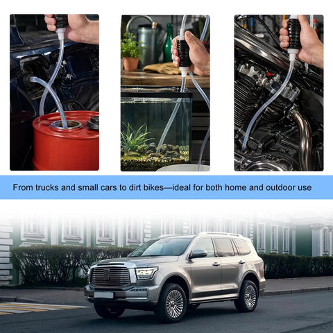 No Drama Manual Liquid Siphon Pump With Long Hose And Tough Clamps Portable Hand Squeeze Gasoline And Oil Transfer Tool in use.