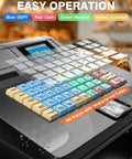 Close-up of cash register keypad with 48 waterproof keys, color-coded for different functions, dual display visible.