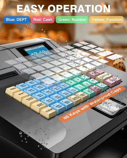 Close-up of cash register keypad with 48 waterproof keys, color-coded for different functions, dual display visible.