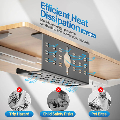 Installed 2 Pack Under Desk Cable Management Tray Black Large 16x5x6 Inch Alloy Steel Cord Hider with heat dissipation design