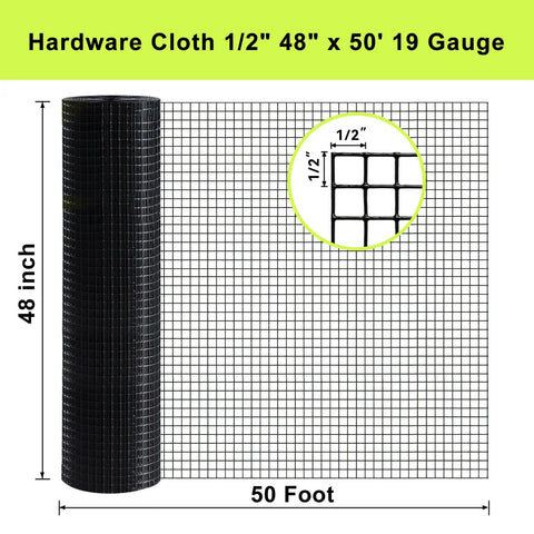 Black Hardware Cloth 48 Inch 50 Foot Wire Mesh Roll With PVC Coating, 1/2 Inch Openings, 19 Gauge, Galvanized Core, Vinyl Exterior