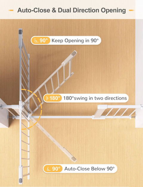 Auto Close Safety Baby Gate For Stairs And Doorways, Extra Tall And Wide, dual direction opening, top view, white