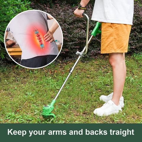 Two Pack Ergonomic Trimmer Handle Set With Bracket Clamp For Aluminum Lawn Trimmers in use, promoting back strain reduction