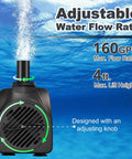 Compact Submersible Pump 160 GPH 120V 10W With 9.9 Foot Power Cord And 4 Foot Lift For Ponds Fountains Aquariums And Hydroponics