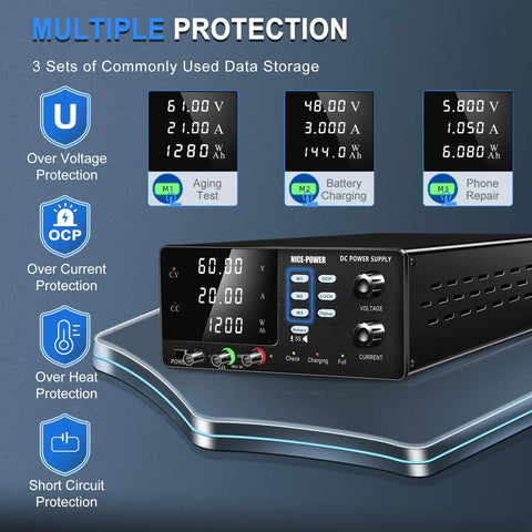 60V 20A DC Power Supply For Battery Charging Beefy Power Bench Regulated Adjustable Switching Supply With OCP Memory Storage Output Switch And Lock Button For Lead Acid Lithium Ion And LiFePO4 Batteries front view on bench