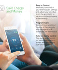 Person using phone to control large 5 inch full color touchscreen WiFi thermostat for 24V HVAC systems with Alexa enabled app.
