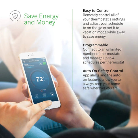 Person using phone to control large 5 inch full color touchscreen WiFi thermostat for 24V HVAC systems with Alexa enabled app.
