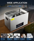 30L Ultrasonic Cleaner with Degas Mode and 600W Heater on workbench showing multiple cleaning applications for various items.