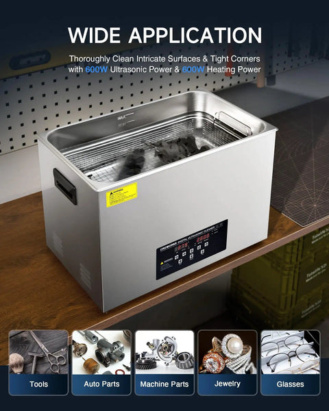 30L Ultrasonic Cleaner with Degas Mode and 600W Heater on workbench showing multiple cleaning applications for various items.