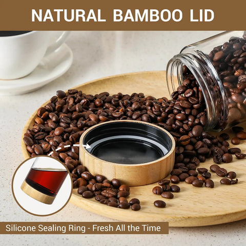 Four Pack 16 Oz Glass Jars With Airtight Lids And Bamboo Lids For Overnight Oats Meal Prep Spilled Coffee Beans on Tray