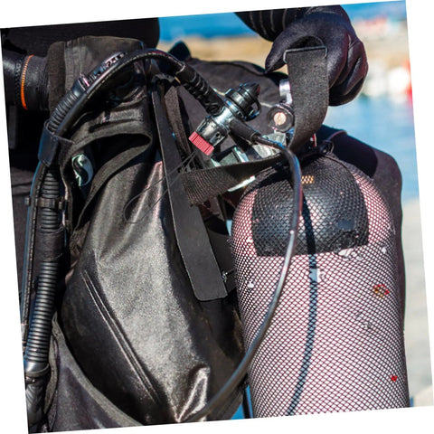 Diver carrying tank with Scuba Tank Valve Cap Protector For Regulator And Air Cylinder Red Safety Cover