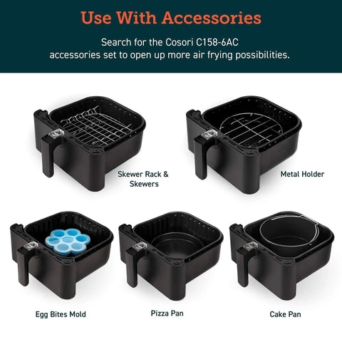Replacement Inner Basket For 5.8 Quart Air Fryer Fits CP358-AF CS358-AF Models with accessories like skewers and egg mold.