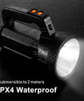 Beast Bright 600 Lumen Rechargeable Spotlight Flashlight with 10000mAh Battery, USB Output in waterproof demonstration.
