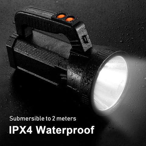 Beast Bright 600 Lumen Rechargeable Spotlight Flashlight with 10000mAh Battery, USB Output in waterproof demonstration.