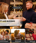 Gift advertisement collage: people exchange wrapped gifts in a festive setting; bottom cards say Housewarming gift, Wedding gift, Mother gift.
