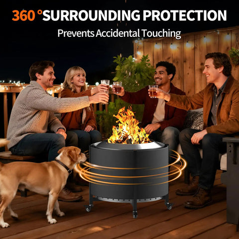 Group enjoying drinks around Sturdy Fire Pit Surround Tabletop For Solo Stove Bonfire And Small Patio, dog nearby