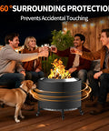 Group of people and a dog enjoying a fire pit surround tabletop for outdoor solo stove bonfire with heat resistant fabric wrap.