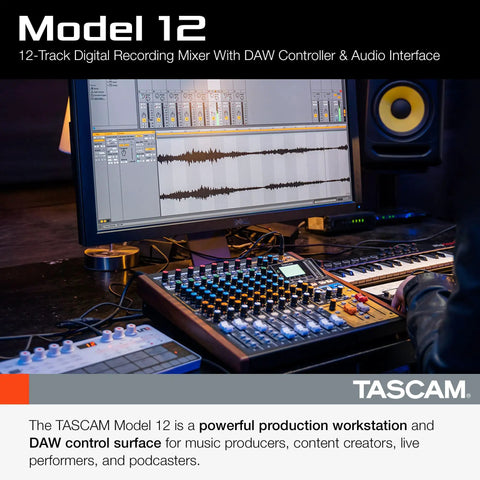 All In One 12-Track Digital Multitrack Studio Mixer With USB Audio Interface And DAW Control on a studio desk