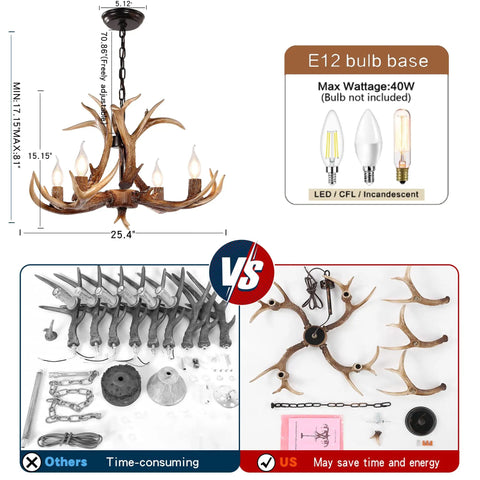 Antler Chandelier Light Fixture With Rustic Deer Design For Dining Room Kitchen Island And Foyer Four Light Brown Finish Energy Saving Lamps Easy Assembly Dope Farmhouse Style components and E12 bulb base displayed