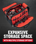 Open TradeStack Tool Bag With Wide Opening Dual Sided Access, Ultra Durable 1680 Denier Polyester showing tools inside