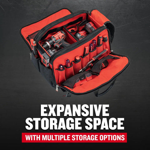 Open TradeStack Tool Bag With Wide Opening Dual Sided Access, Ultra Durable 1680 Denier Polyester showing tools inside