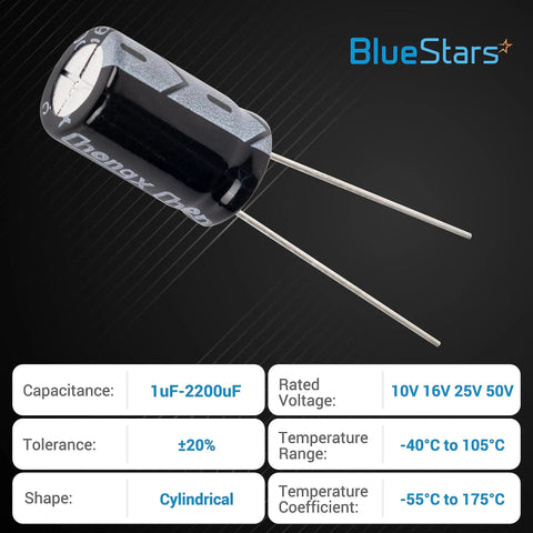 Close-up of a capacitor from the All In One 320 Pieces Aluminum Electrolytic Capacitor Kit, showing specifications and BlueStars logo.