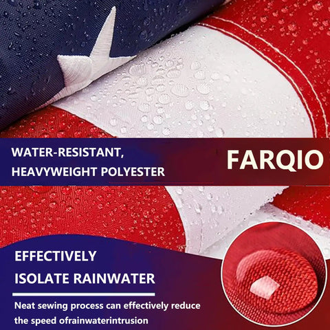 2.5 By 4 Ft American Flag, embroidered star detail, tear-resistant, water droplets on 420D nylon, UV protection, weather ready