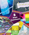 Collage of 8 experiments from 30 Plus Experiments Science Kit For Kids With Lab Coat Chemistry Set And STEM Toys Gift For Boys And Girls.