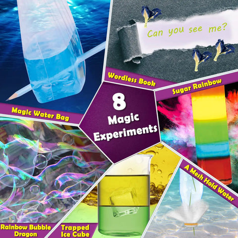 Collage of 8 experiments from 30 Plus Experiments Science Kit For Kids With Lab Coat Chemistry Set And STEM Toys Gift For Boys And Girls.