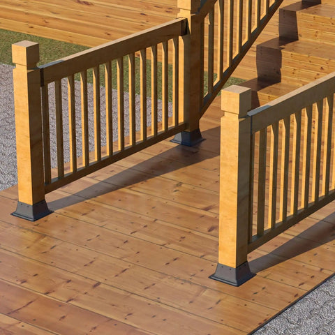 Heavy Duty 4x4 Post Base Set 10 Pack Internal 3.58x3.58 Inch Steel Brackets Tough As Nails Powder Coated Black installed on porch railing