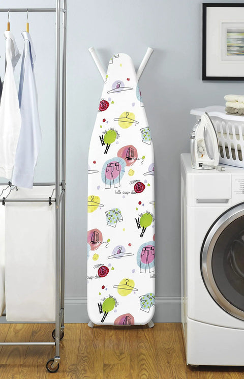 Pad-Elements Ironing Board Cover With Thick Sewn-In Fiber Pad, shown upright in laundry room