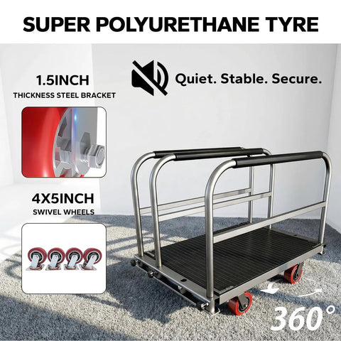 Heavy Duty Two In One Flatbed Panel Cart 36 By 24 Inches with Rubber Mat and Three Handrails 2600 Lb Capacity Drywall and Lumber Cart