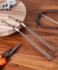 Top Shelf Wire Pulling Grips Set Includes Two Galvanized Steel Cable Puller Socks on wooden surface, ideal for wiring projects.