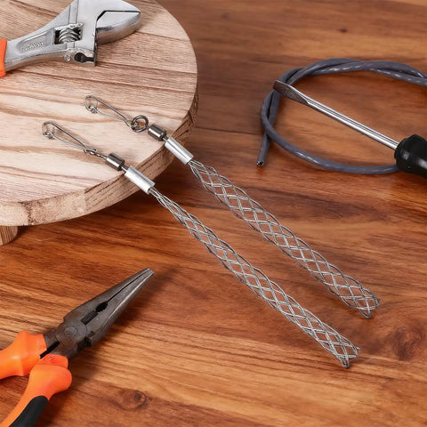 Top Shelf Wire Pulling Grips Set Includes Two Galvanized Steel Cable Puller Socks on wooden surface, ideal for wiring projects.