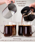 Professional Espresso Maker With Built In Milk Frother And Clear Glass Carafe, Reliable 3.5 Bar Pump Pulls Smooth Shots For Homemade Lattes, super easy dial operates like a charm and hits different every time, pouring milk into espresso mugs.