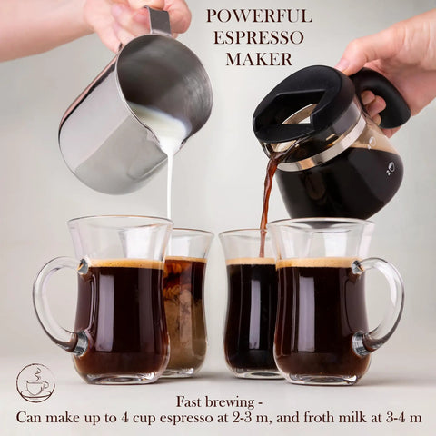 Professional Espresso Maker With Built In Milk Frother And Clear Glass Carafe, Reliable 3.5 Bar Pump Pulls Smooth Shots For Homemade Lattes, super easy dial operates like a charm and hits different every time, pouring milk into espresso mugs.