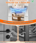 Super Strong Tio Bohem Ultra Thin Magnetic Cabinet Door Catch With No Drill Tool Free Adhesive Stainless Steel Latch close up on door.