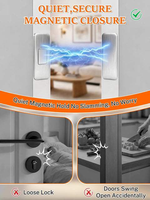 Super Strong Tio Bohem Ultra Thin Magnetic Cabinet Door Catch With No Drill Tool Free Adhesive Stainless Steel Latch close up on door.