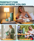 Mama Approved Portable Breast Milk Cooler Bottle Includes Two 11 Oz Baby Bottles 22 Oz Insulated Grab And Go Chiller Keeps Pumped Milk Ice Cold For Travel On The Fly shown in various settings with baby feeding.