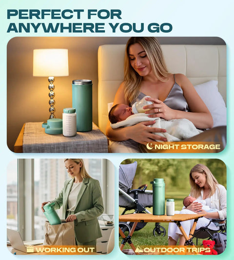 Mama Approved Portable Breast Milk Cooler Bottle Includes Two 11 Oz Baby Bottles 22 Oz Insulated Grab And Go Chiller Keeps Pumped Milk Ice Cold For Travel On The Fly shown in various settings with baby feeding.